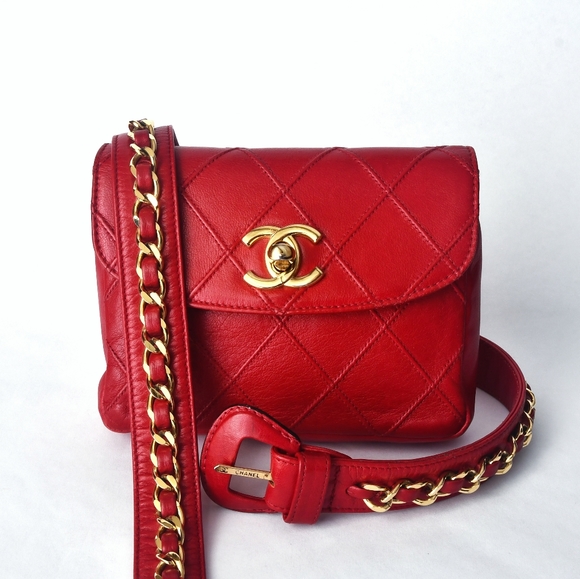 CHANEL Handbags - Authentic Chanel 1990-2000s Diamond-Quilted Belt Bag in Red 24K Plated Hardware